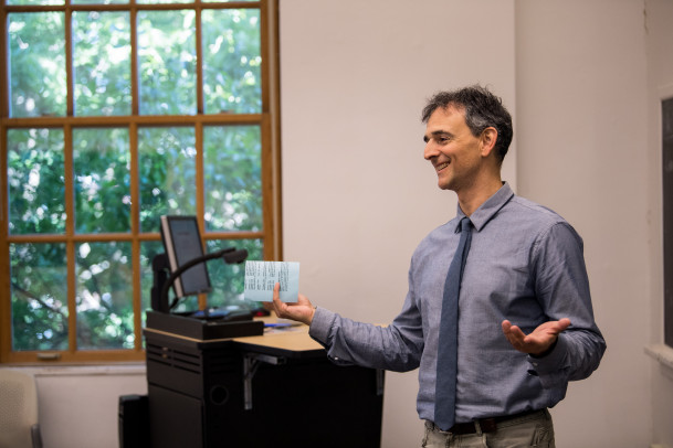 Pablo Toral teaches a political science class in Morse-Ingersoll Hall.